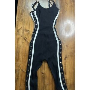 Hera Collection Womens Black Ribbed Snap Button Side Stripe Jumpsuit Small